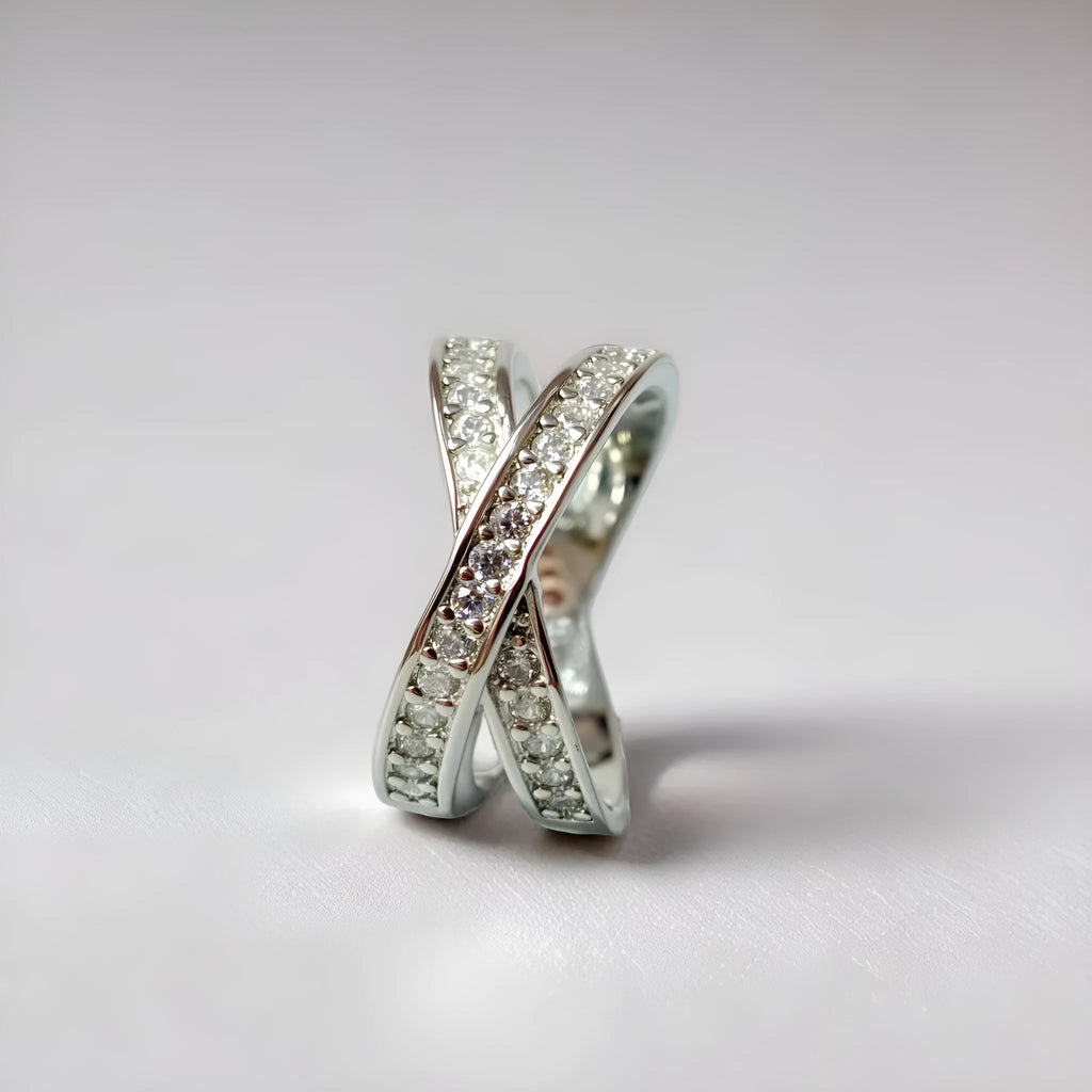 Geometric metal cross ring with micro-inlaid zircon stones in silver or rose gold finish