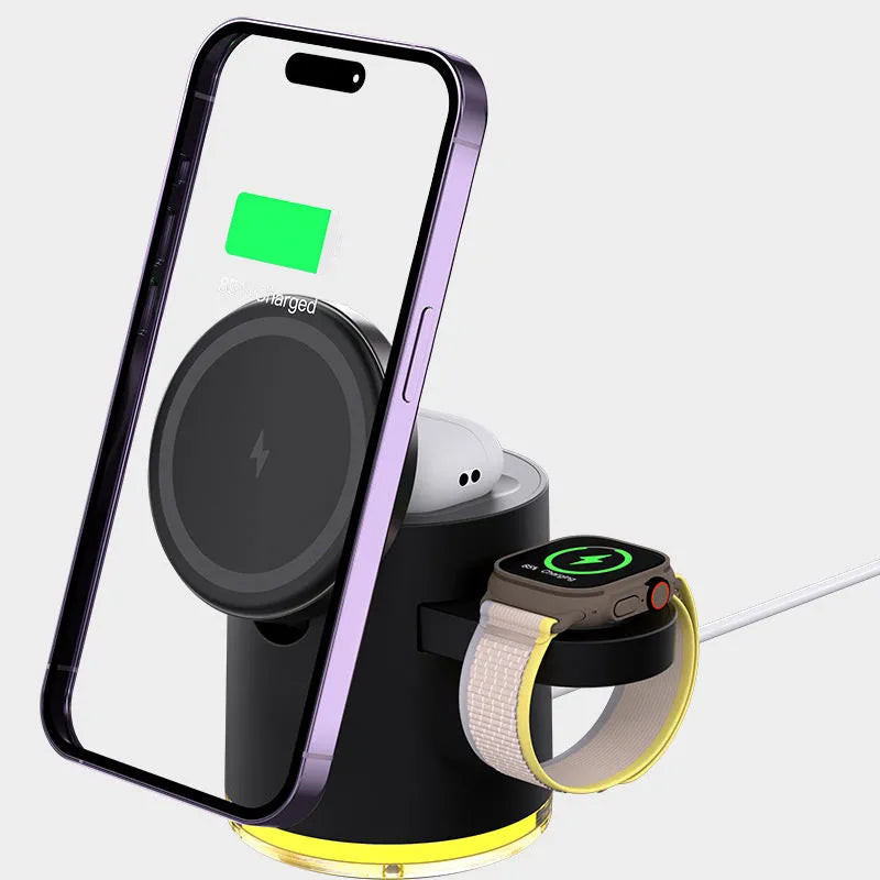 C16 portable magnetic three-in-one wireless folding charger in black or ivory white colour charging phone watch and earbuds