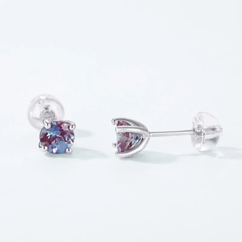 Women's sterling silver ear studs with round geometric Alexander stone in simple fashion style