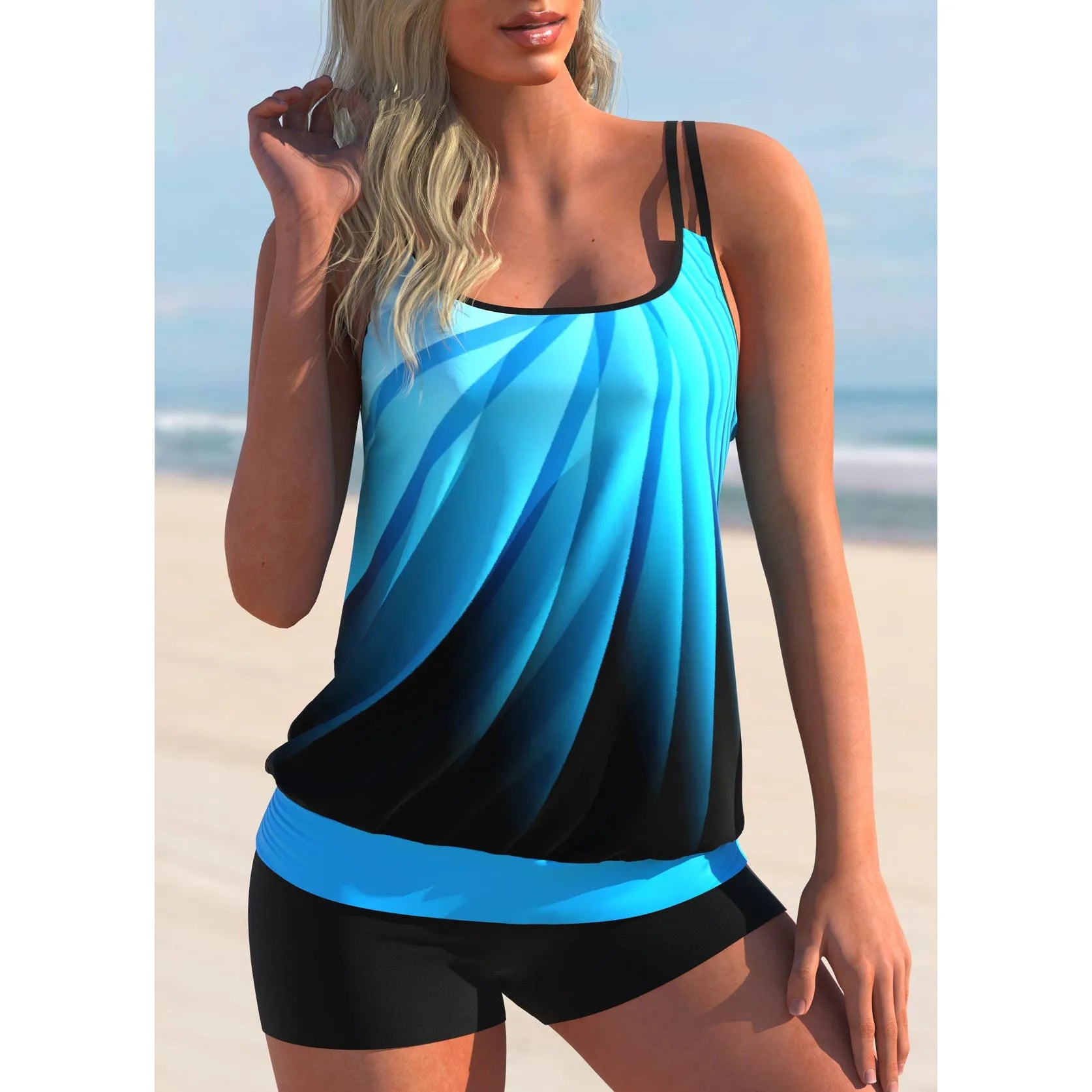 Women's plus size printed swimsuit set with strap top and matching beach shorts on a hanger.