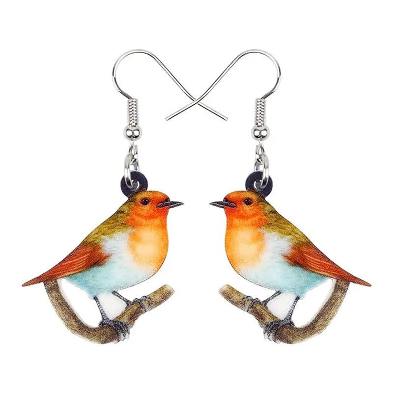 Blue titmouse acrylic pendant earrings with geometric animal zodiac and snake design elements