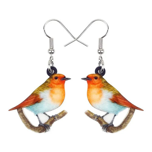 Blue titmouse acrylic pendant earrings with geometric animal zodiac and snake design elements