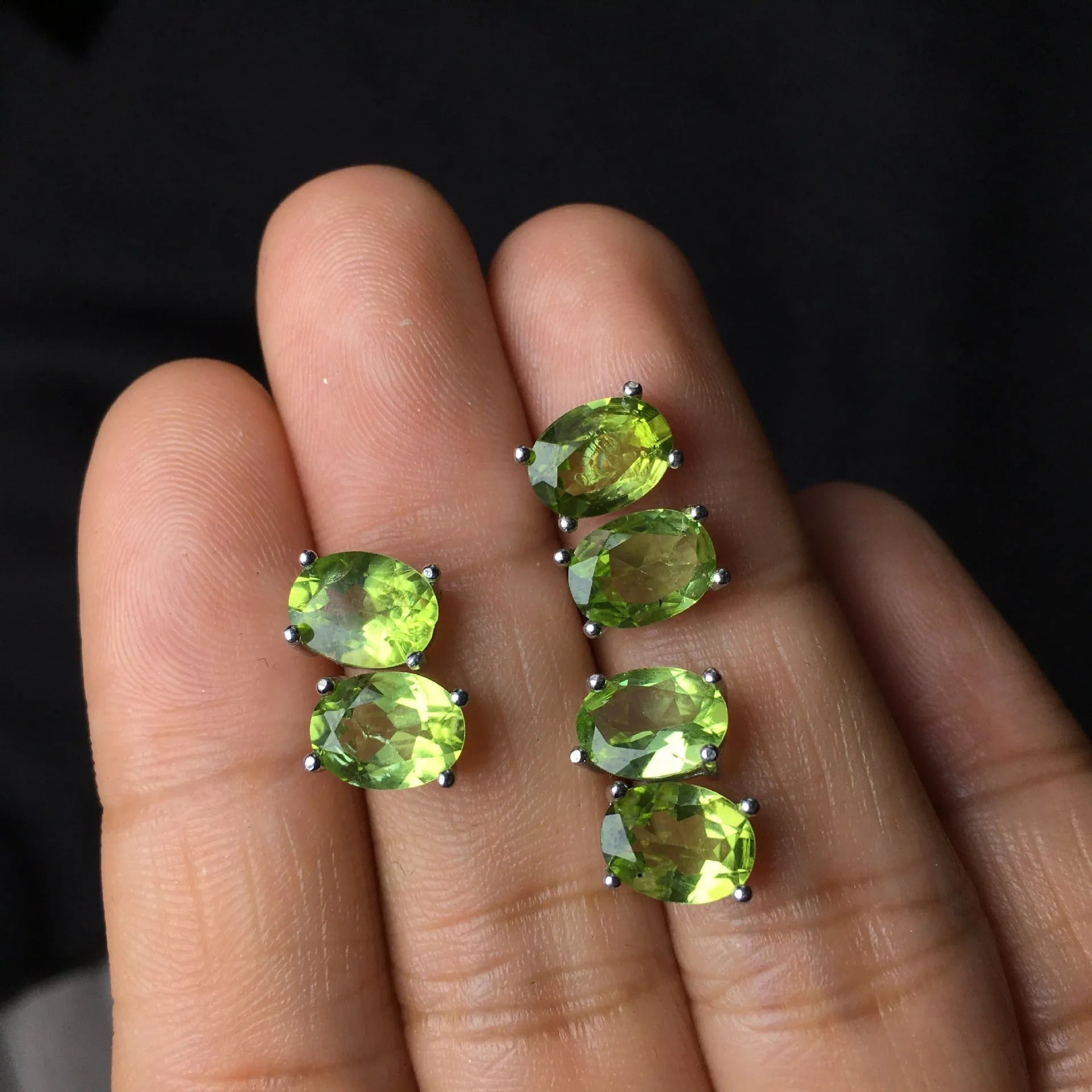 Grass green natural olivine stud earrings in S925 sterling silver setting.