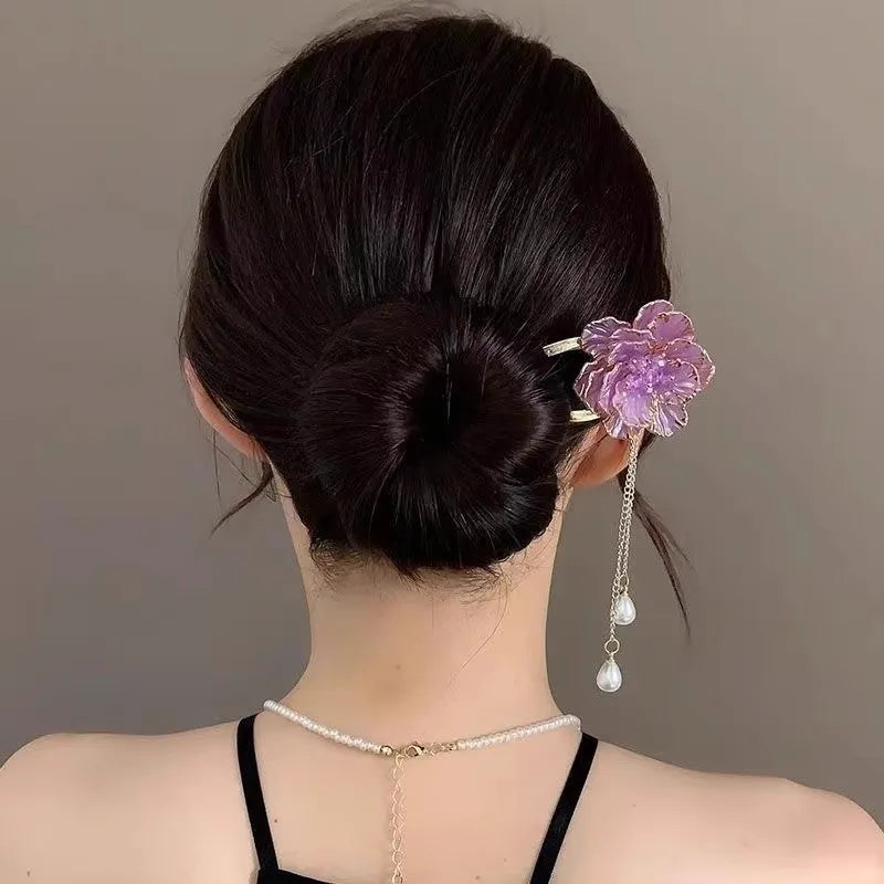 Purple and white peony flower U-shaped hairpin barrette with tassel detail on alloy base.