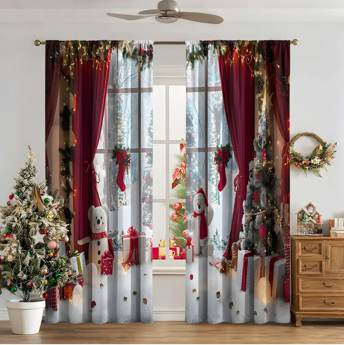 3D digital printed Christmas curtain in a modern European style, showing festive pattern and fabric texture.