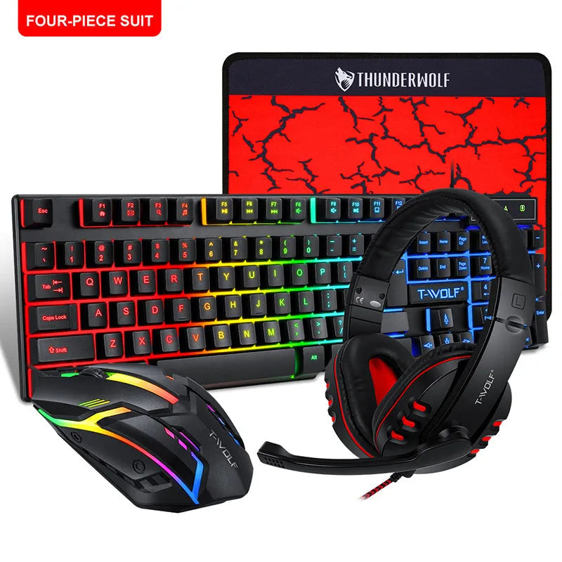 Thunder Wolf T800 wired gaming keyboard, mouse, headset, and mouse pad four-piece set for PC