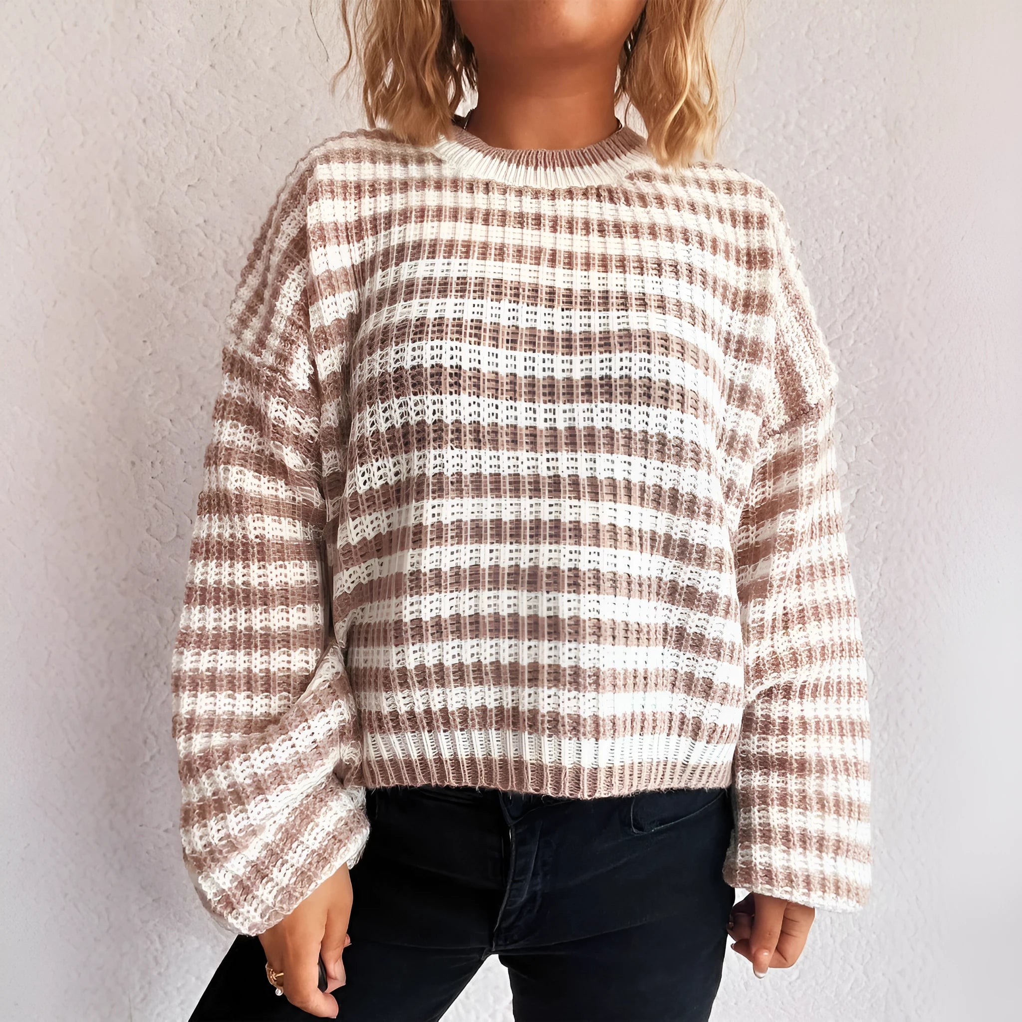 Women's striped loose fit pullover sweater in black, red, khaki, or green