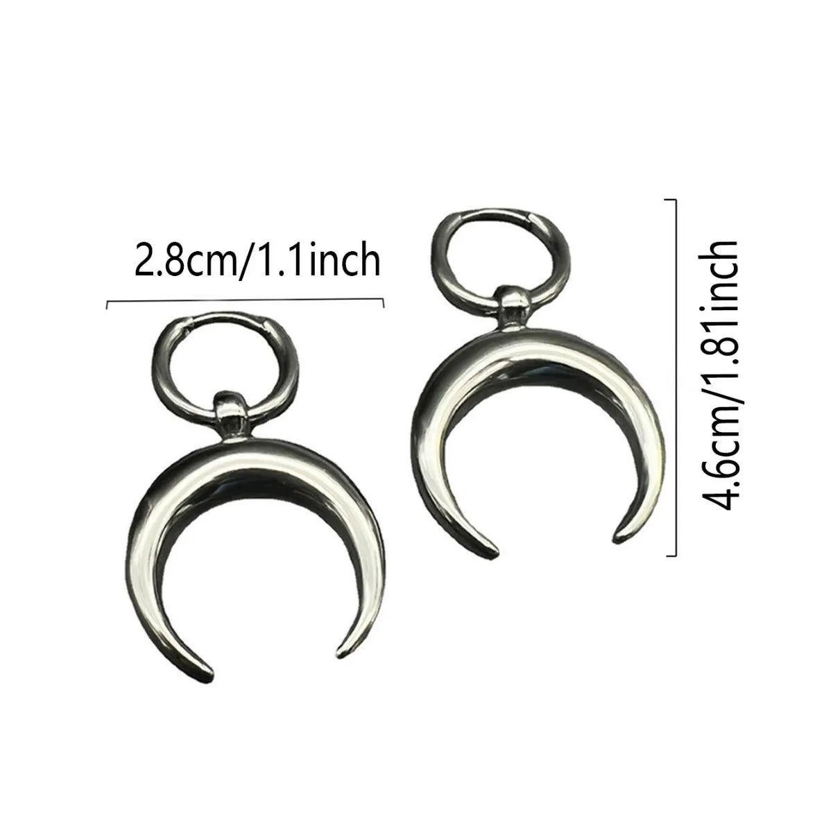 Silver-colour large hoop earrings with moon detailing and geometric shape on ear clip fastening