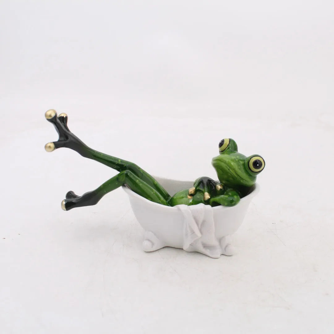 Pastoral style synthetic resin frog figurine home decoration on a wooden surface.