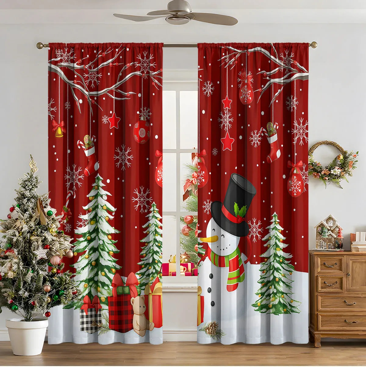 3D digital printed Christmas curtain in a modern European style, showing festive pattern and fabric texture.