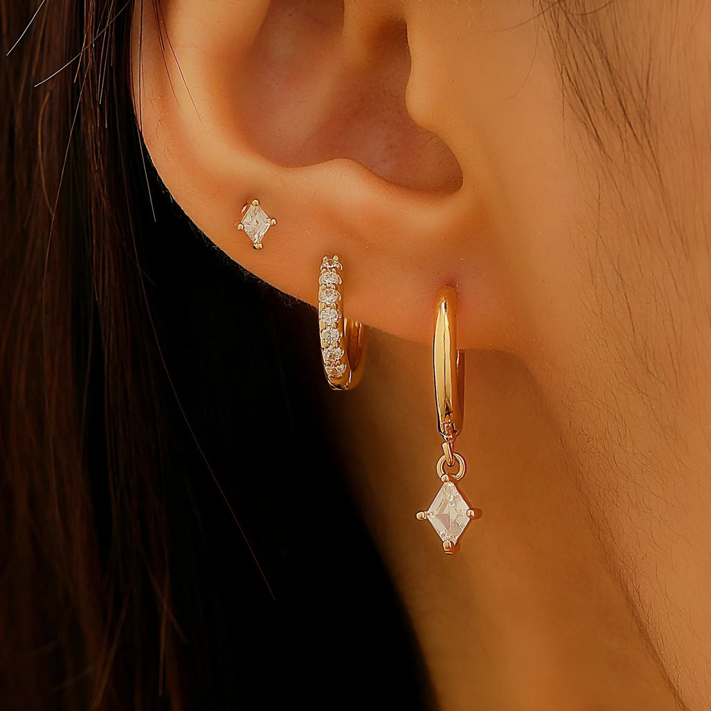 Ladies three-piece geometric earring set with zircon stones in gold and white finish options
