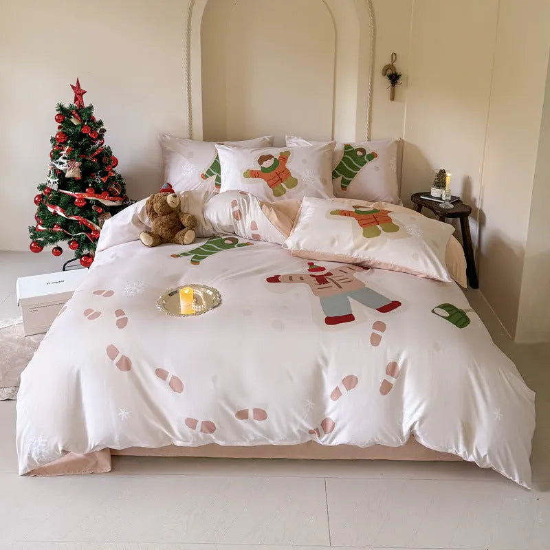 Christmas cartoon printed bedding four-piece set with gingerbread man designs on super soft washed cotton