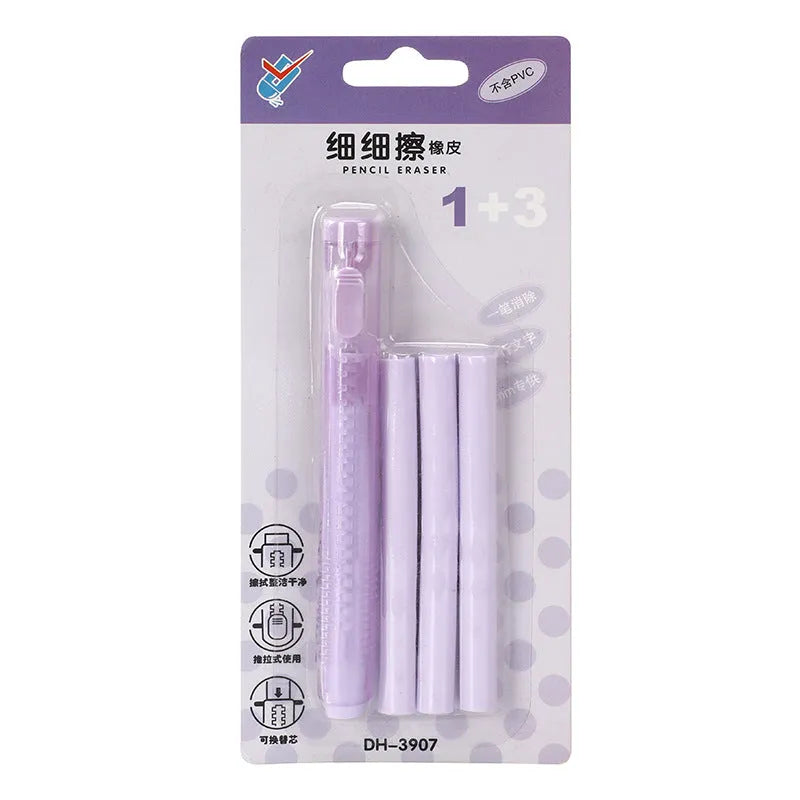 Push type children's automatic eraser in blue, green, pink, and purple colour options