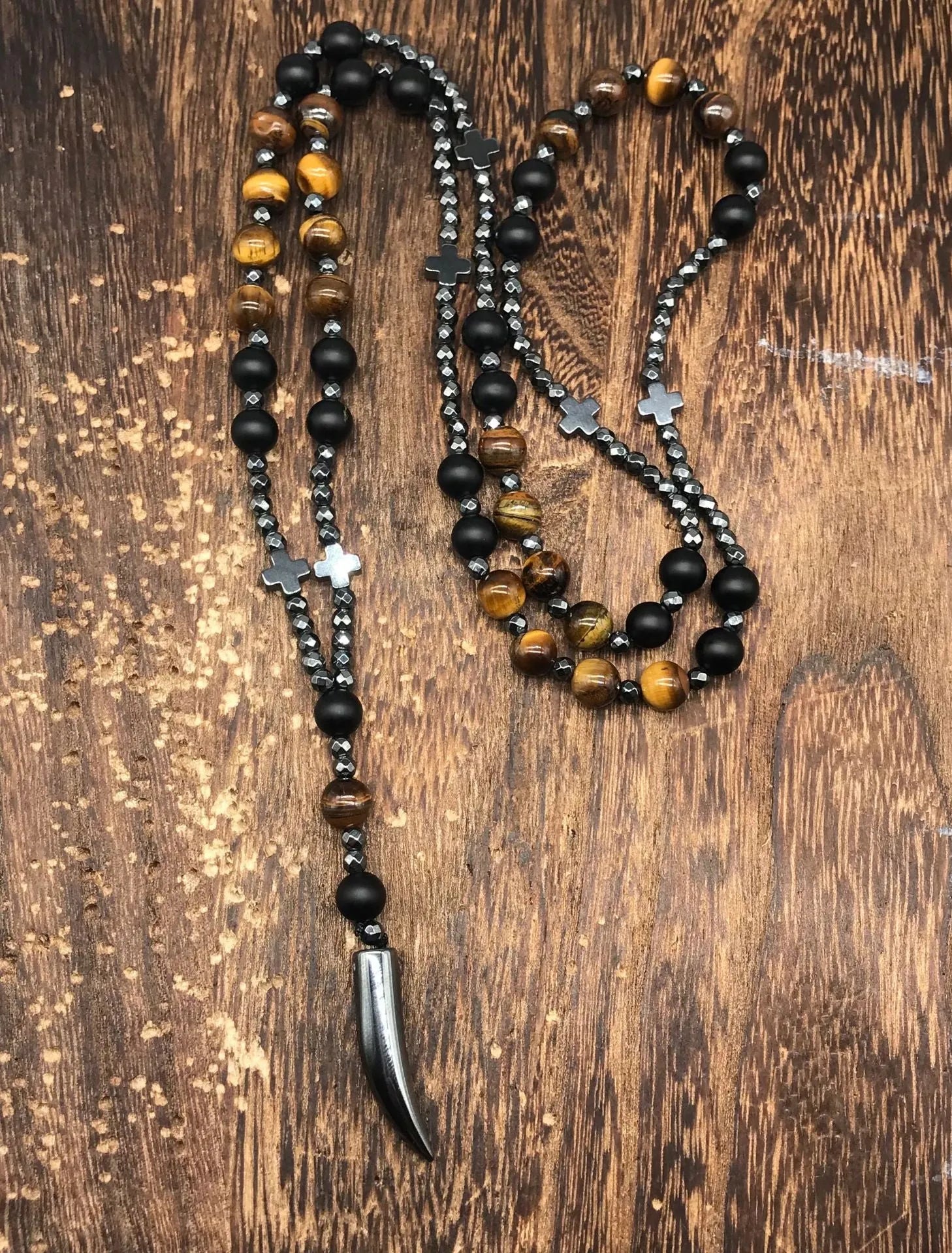 Men's stone cross pendant necklace on an 80cm ball bead chain with a safety lock