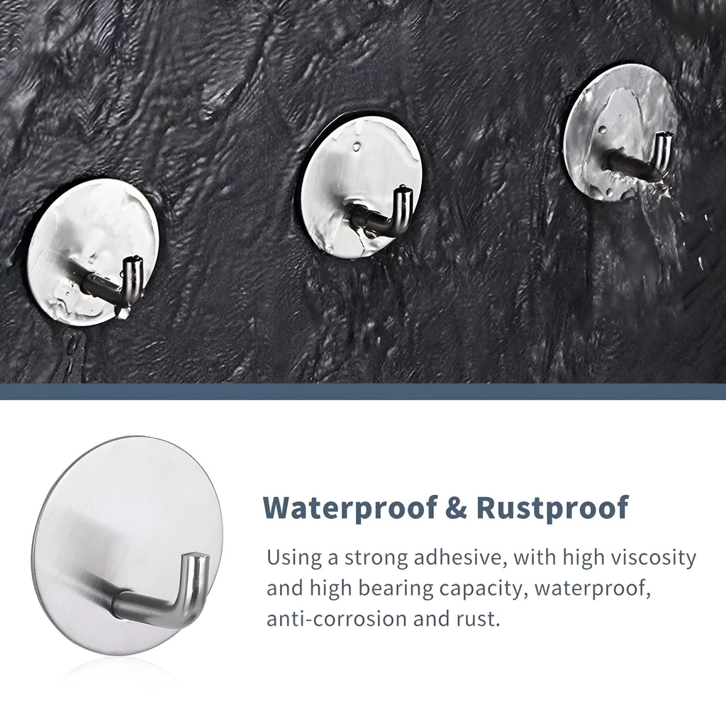 Stainless steel self-adhesive hook with a round design for bathrooms and kitchens, shown in black and polished finishes.