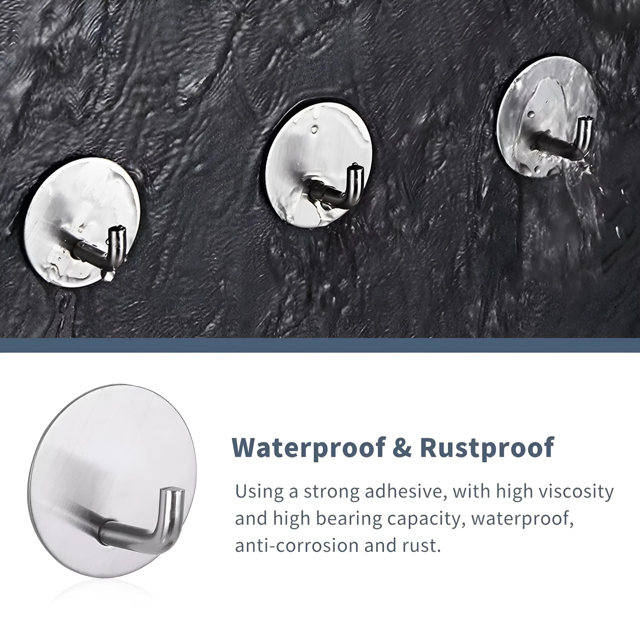 Stainless steel self-adhesive hook with a round design for bathrooms and kitchens, shown in black and polished finishes.