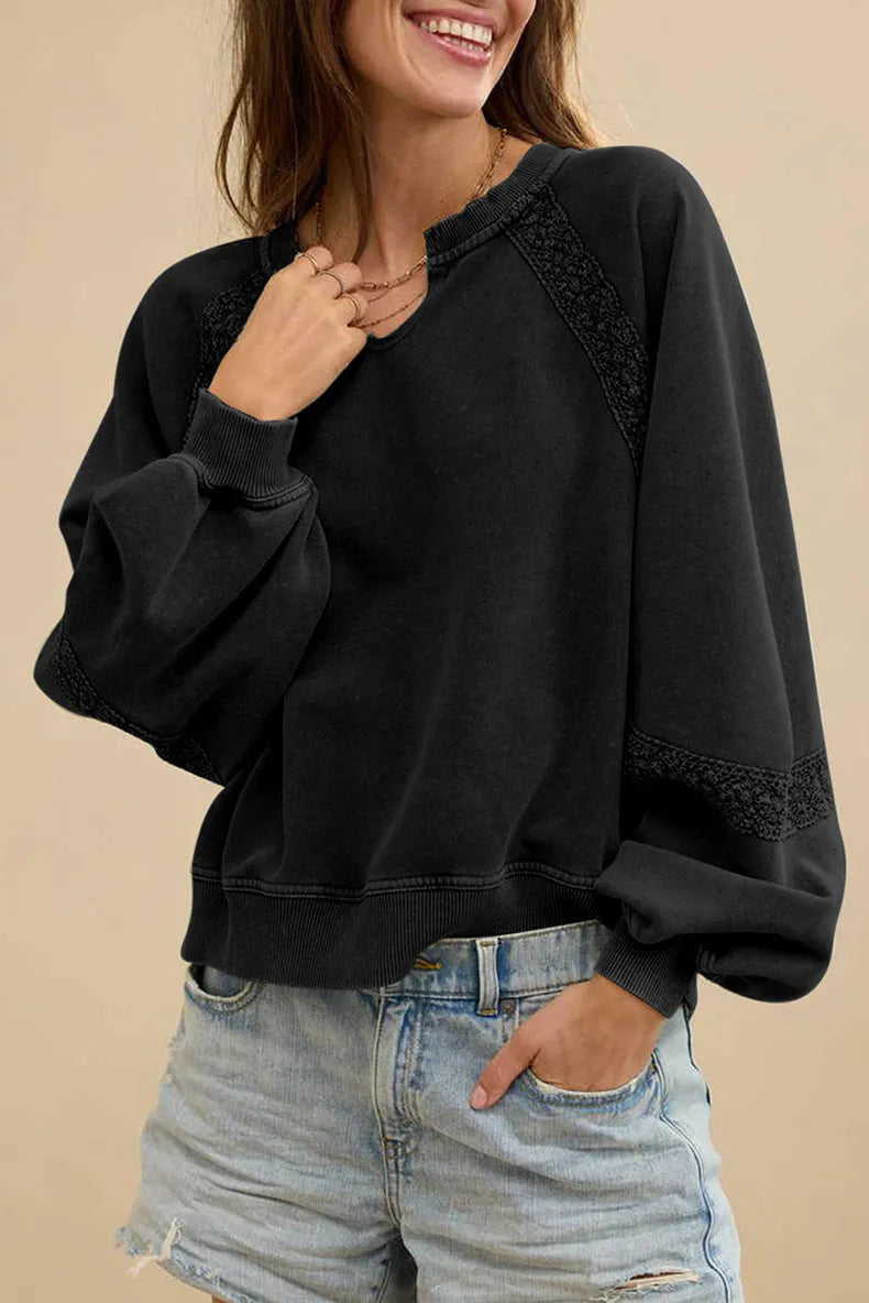 Women's loose fit long sleeve sweater with half-open lace collar in solid colour options.