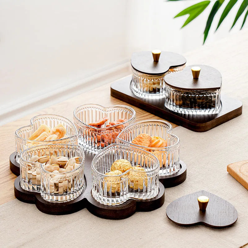 Glass retro style snack plate with heart-shaped transparent lid showing grid compartments inside