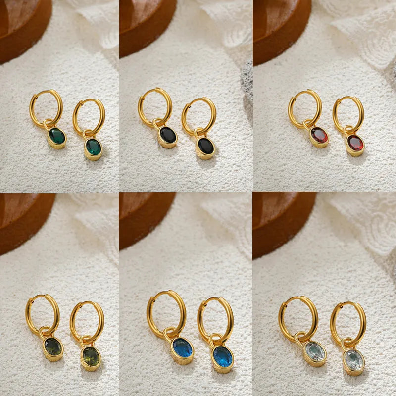 Women's retro oval zircon earrings in copper with ellipse detailing shown in six colour variants