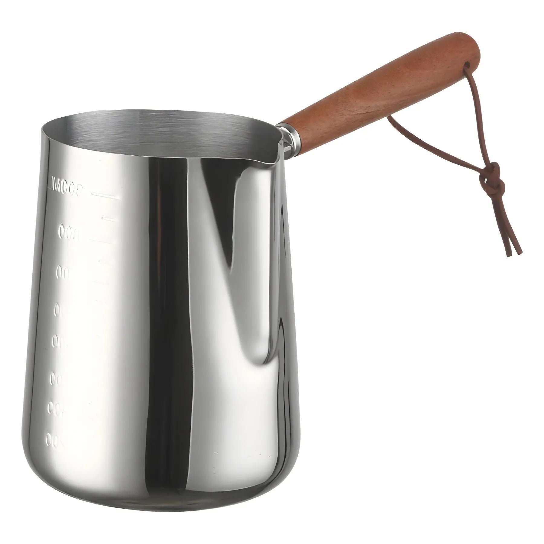 Stainless steel garland coffee cup with a scaled wooden handle shown in a simple, solid colour.