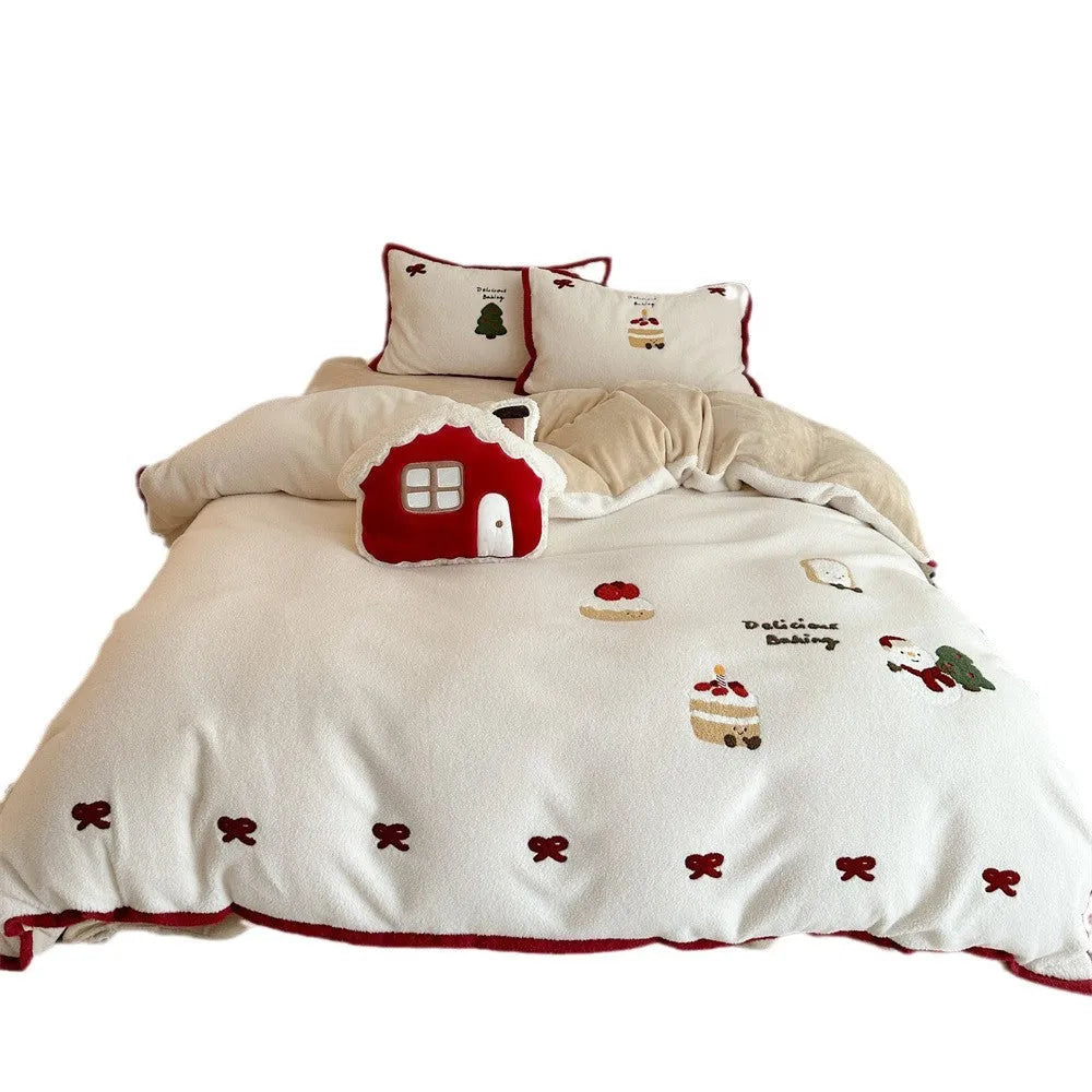 Girl's Christmas cartoon bedding four-piece set with Snow House Milk Pastry pattern on polyester fabric