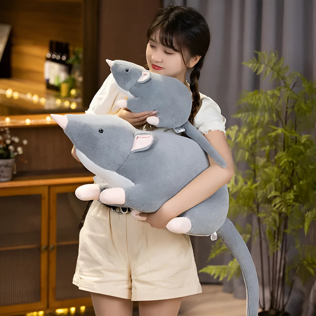 Cartoon-style grey mouse plush toy doll shown in small, medium, and large sizes.
