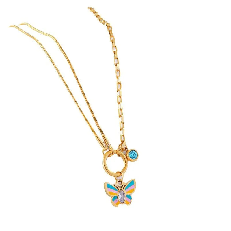 Gold titanium steel butterfly necklace and bracelet set with snake bone chain styling