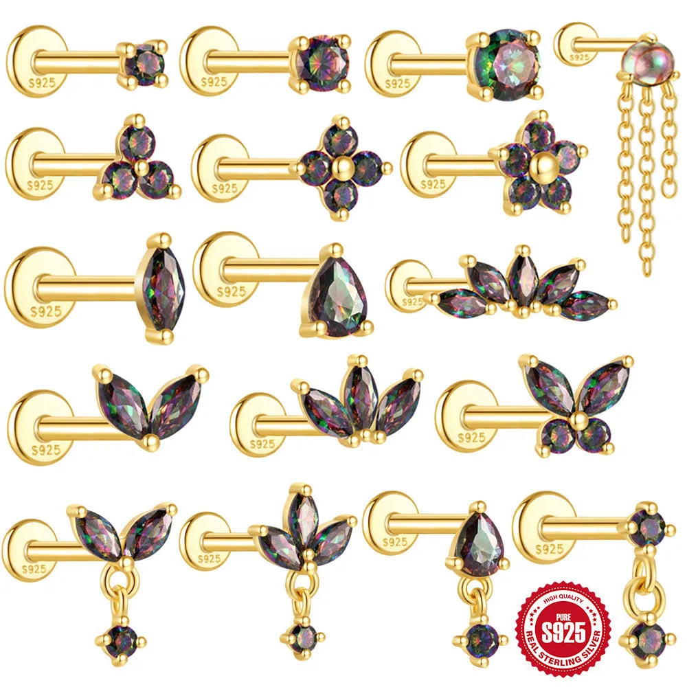 S925 sterling silver flat head earring stud with a super shiny rainbow stone for thread piercings.