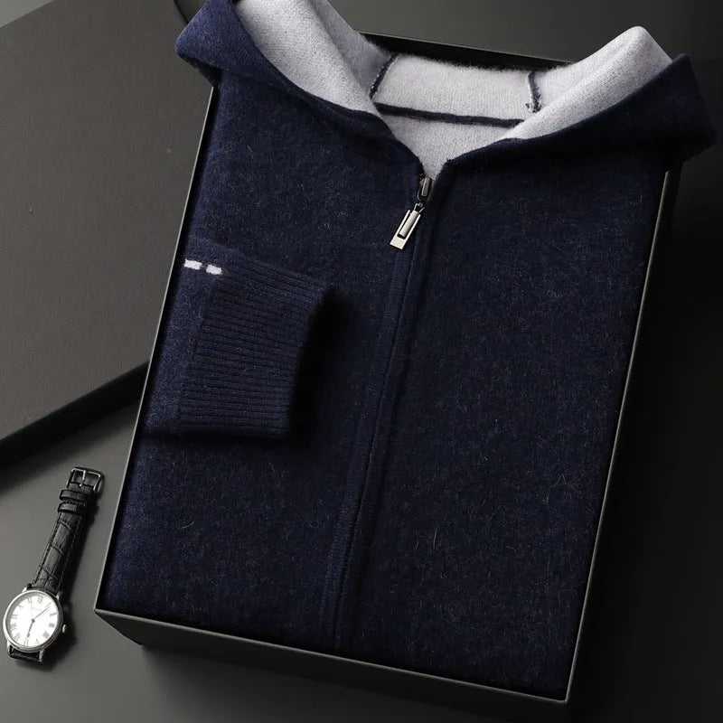 Men's dark blue cashmere half-high collar zip cardigan sweater with long sleeves