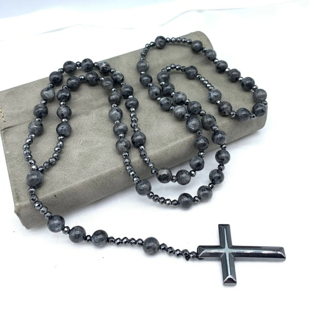 Men's stone cross pendant necklace on an 80cm ball bead chain with a safety lock