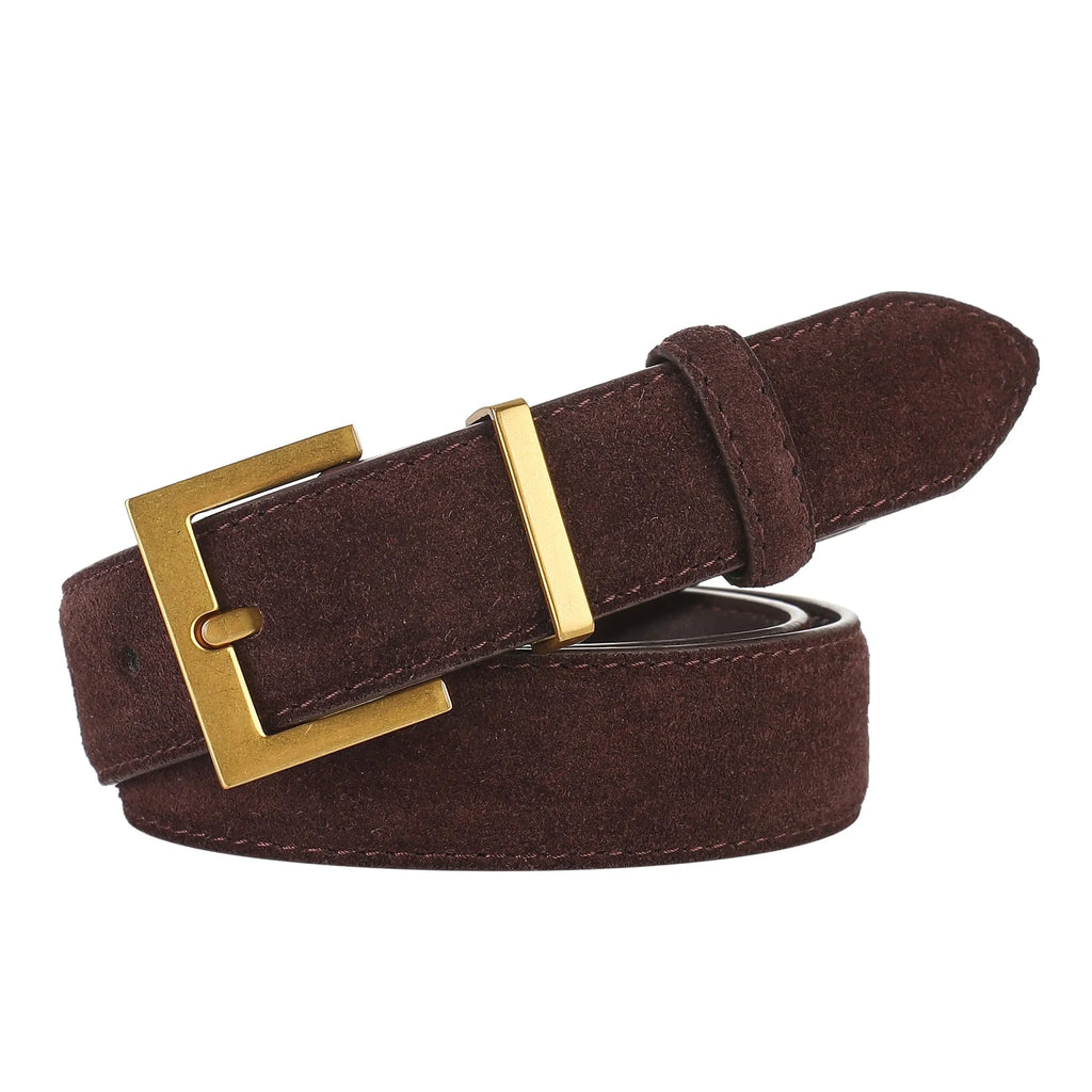 Ladies' black genuine leather pin buckle dress belt with quadrilateral buckle design