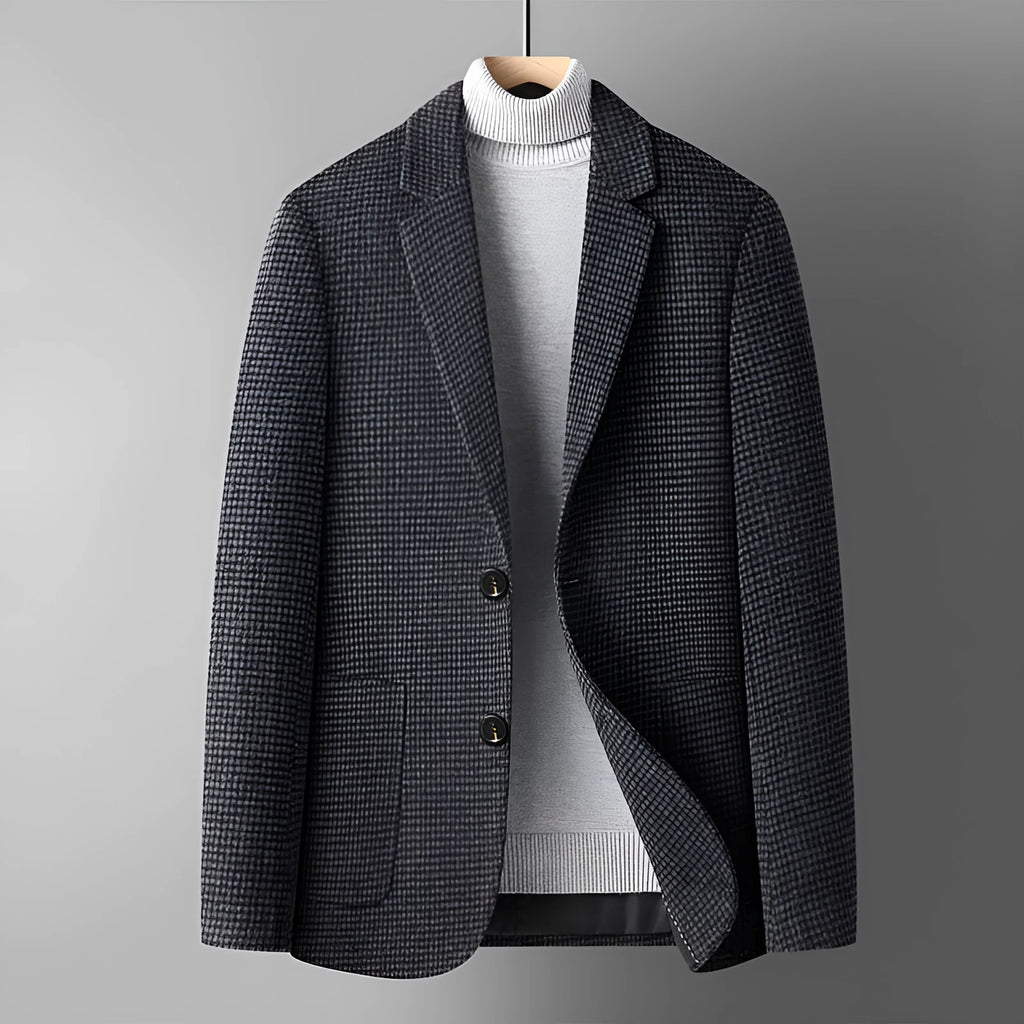 Men's slim fit wool suit jacket in gray, featuring a non-iron fabric and polyester lining for autumn and winter.