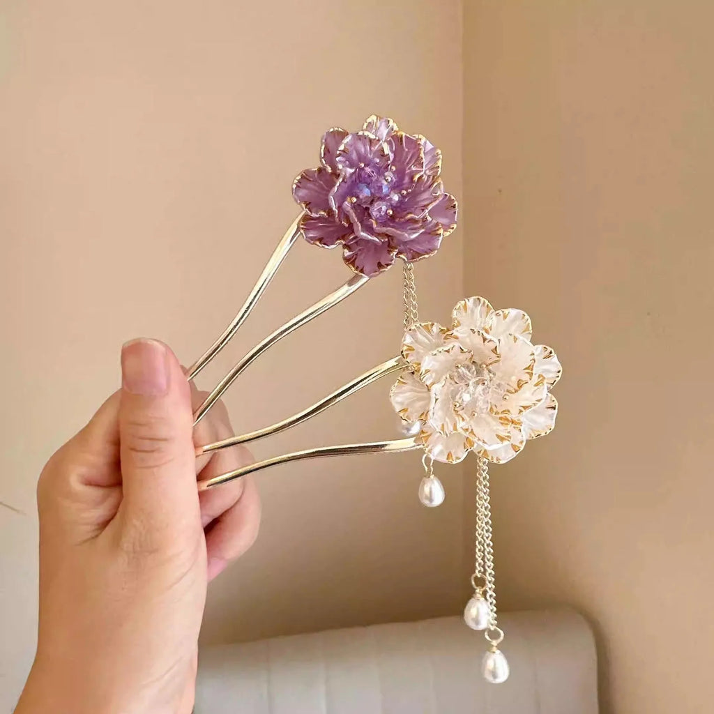 Purple and white peony flower U-shaped hairpin barrette with tassel detail on alloy base.