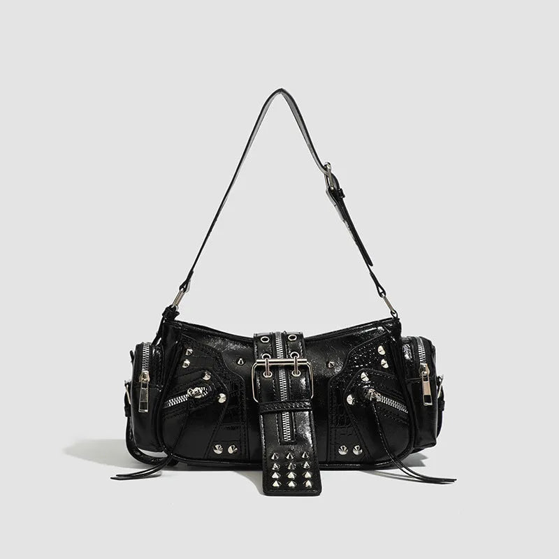 Black retro shoulder handbag with dumpling shape design and multiple compartments