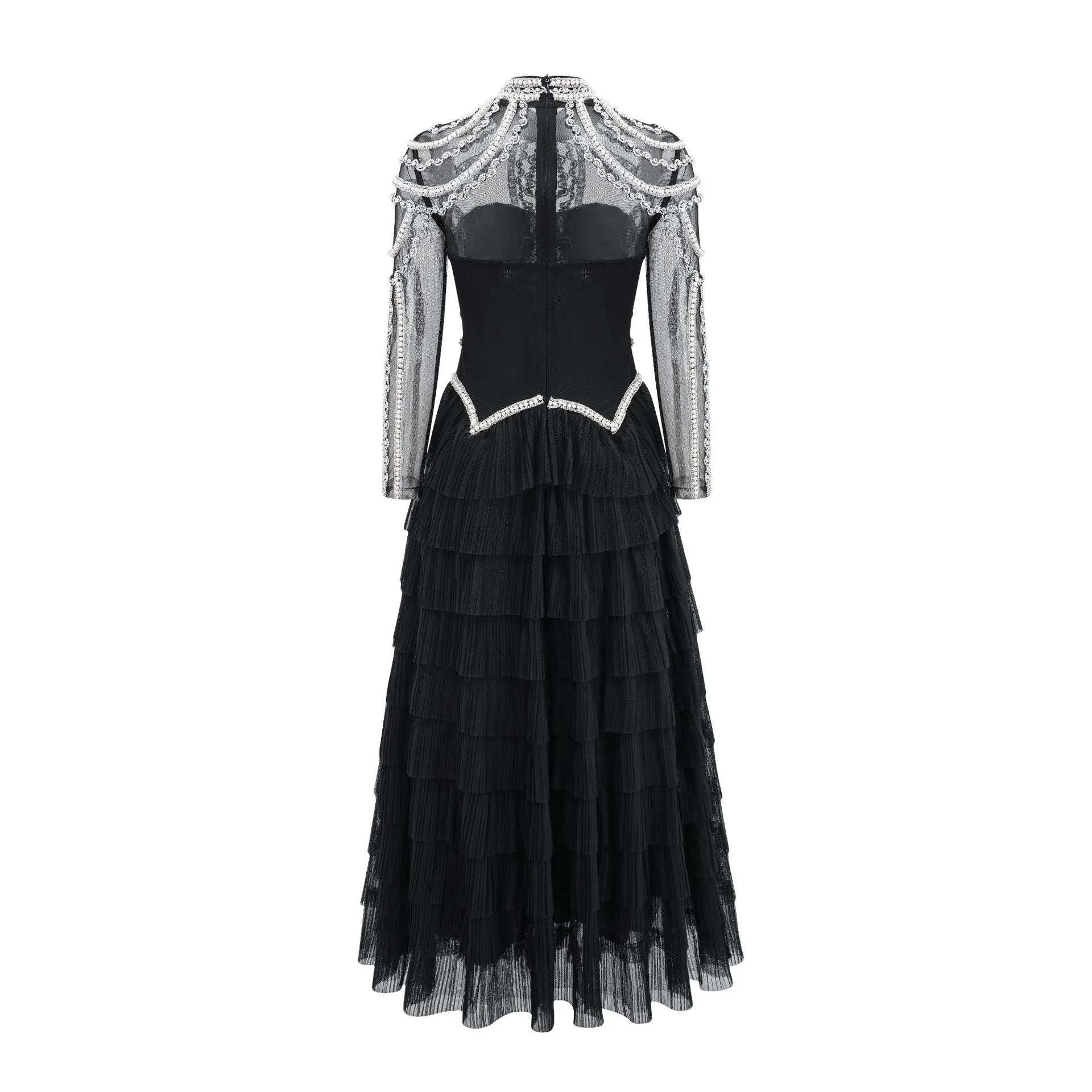 Black women's long sleeve formal dress with detailed beaded craftwork on the front.