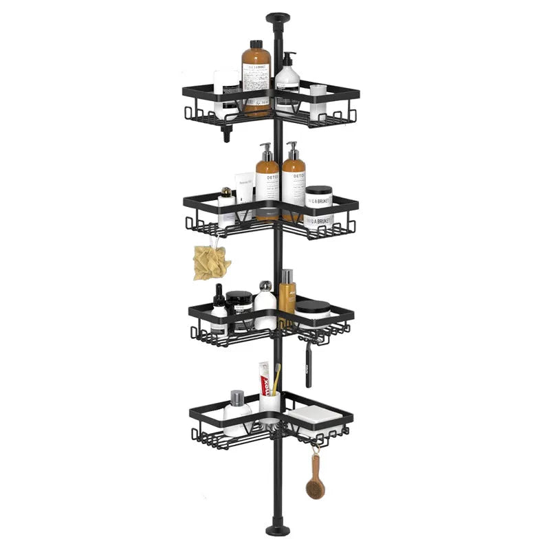 Silver retractable bathroom storage rack with four layers in shower corner