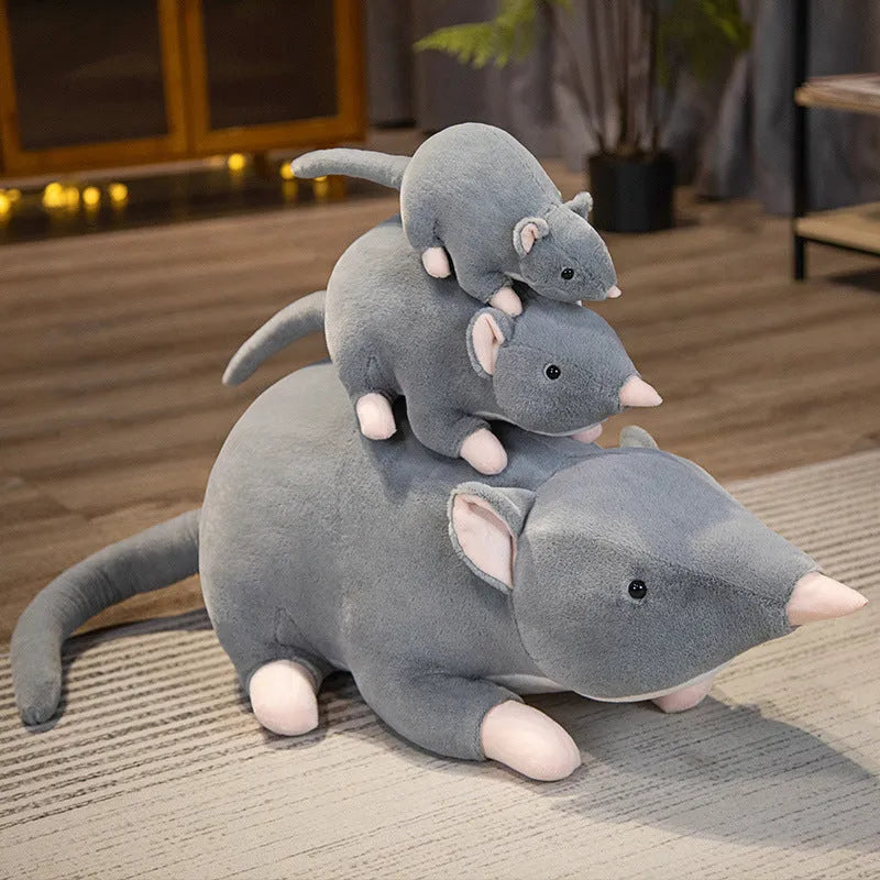Cartoon-style grey mouse plush toy doll shown in small, medium, and large sizes.