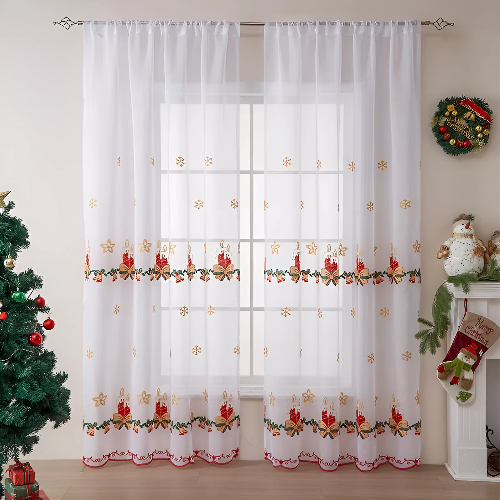 A pair of white polyester curtains with embroidered red and green snowflakes, showing American Christmas style.
