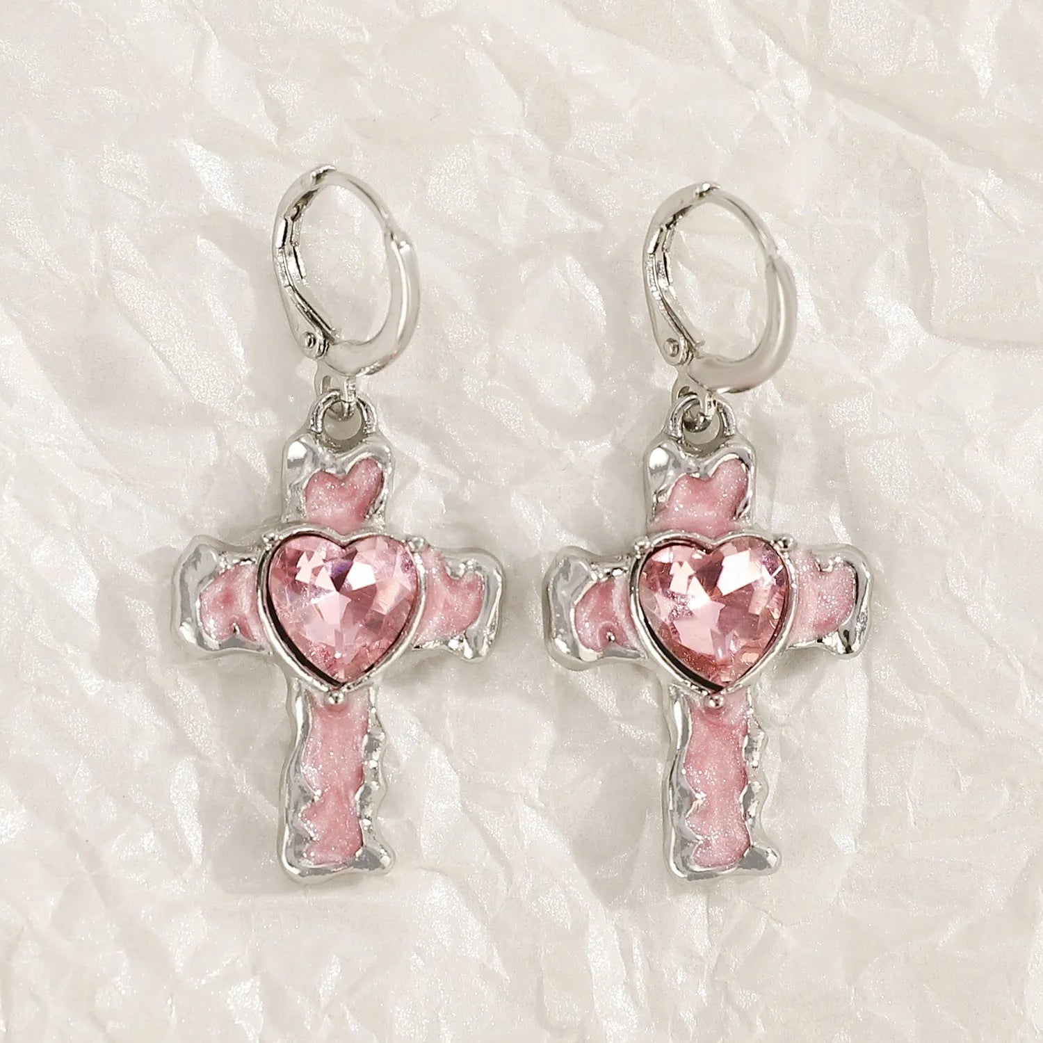 Women's alloy cross crystal earrings in five colours with dripping oil finish and multiple design elements