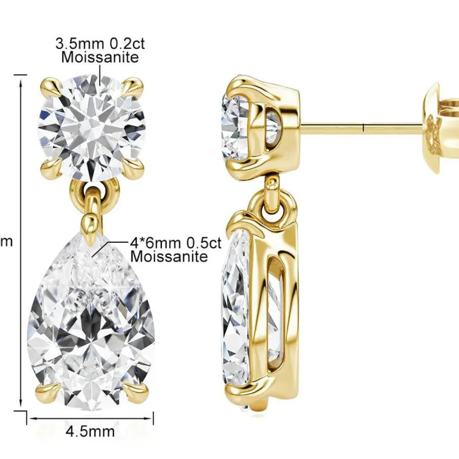 Water drop moissanite stud earrings in 925 sterling silver with round and geometric shapes
