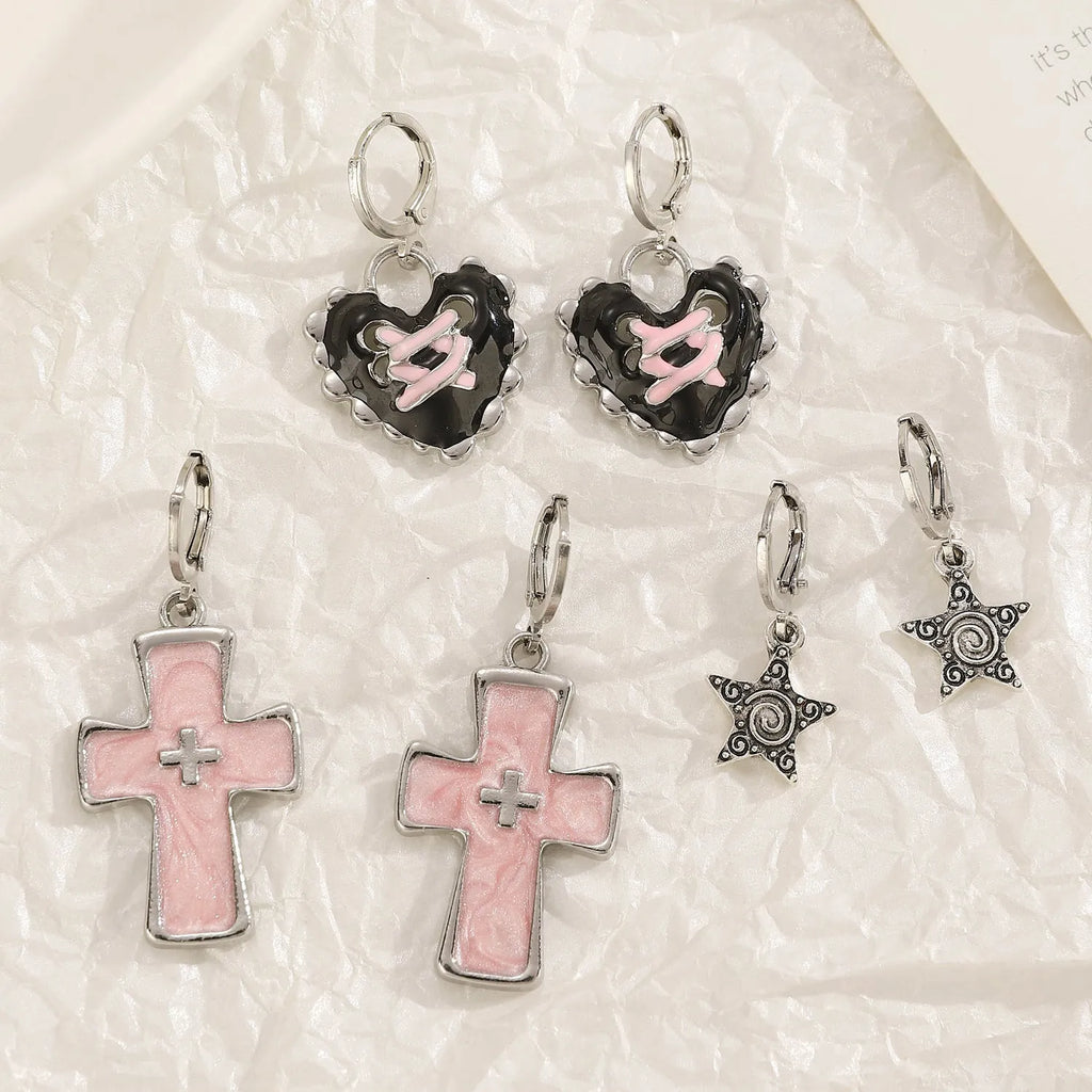 Women's alloy cross crystal earrings in five colours with dripping oil finish and multiple design elements