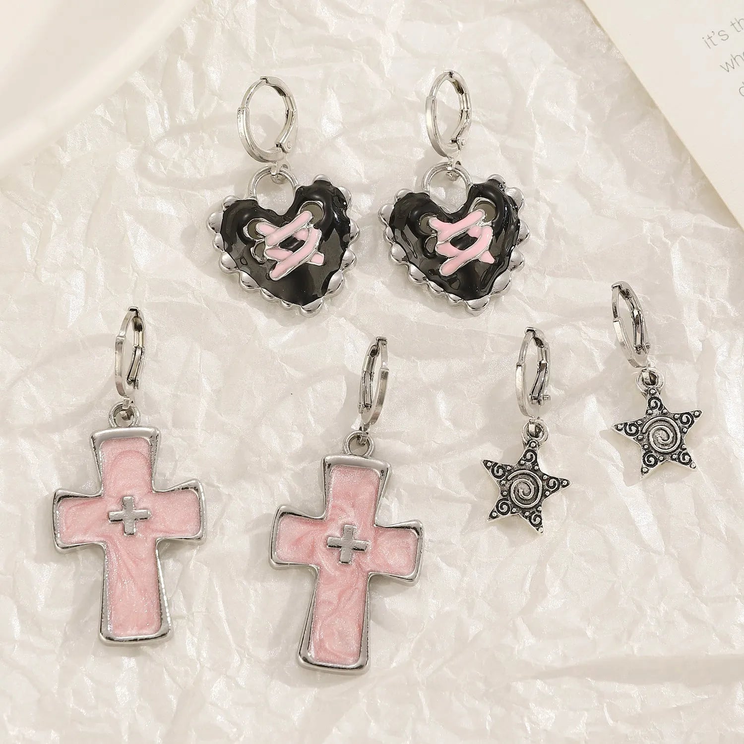 Women's alloy cross crystal earrings in five colours with dripping oil finish and multiple design elements