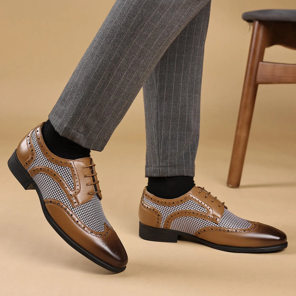 Men's houndstooth pattern casual shoes in black with a square toe and lace-up front.