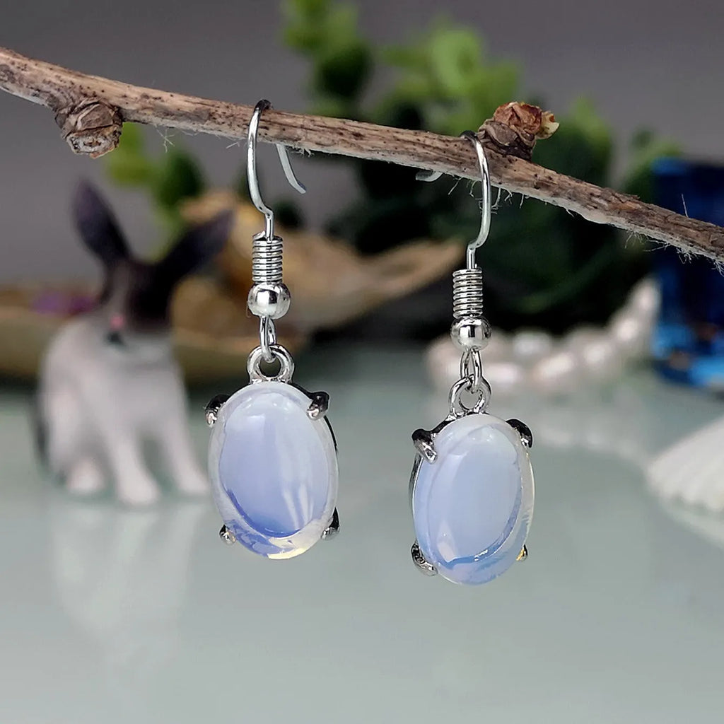 Moonlight white opal drop earrings with retro moonstone design and electroplated alloy finish