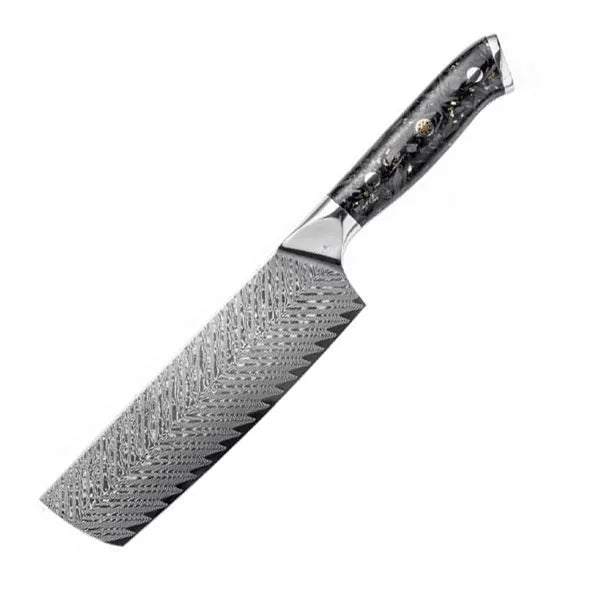 Damascus steel eight-piece kitchen knife set showing fishbone pattern blades and modern handles.