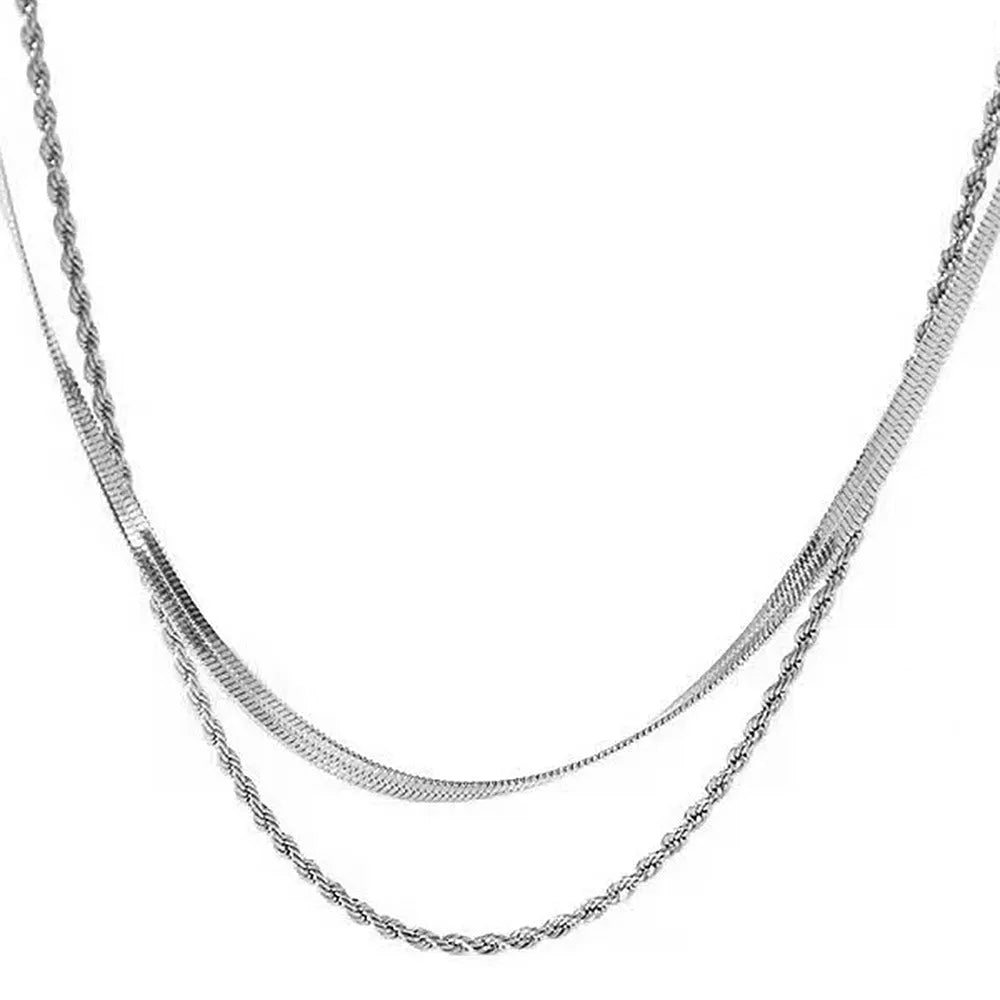 Women's retro double-layer twist necklace with geometric pendant on snake bone chain