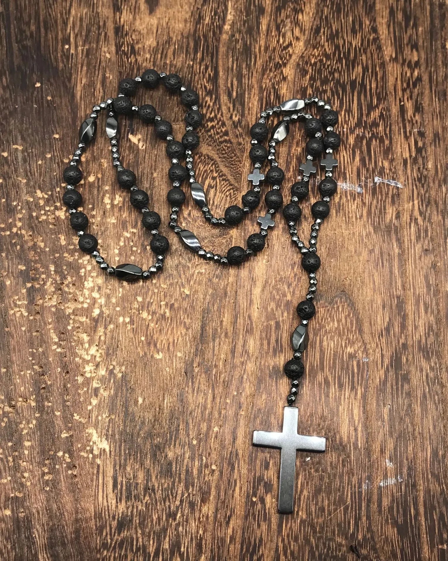 Men's stone cross pendant necklace on an 80cm ball bead chain with a safety lock
