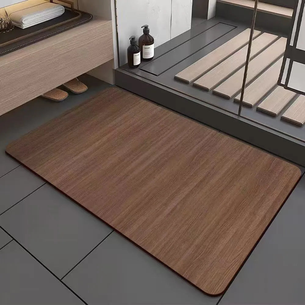 American-style square diatom ooze floor mat with a wood grain geometric pattern, shown in a bathroom setting.