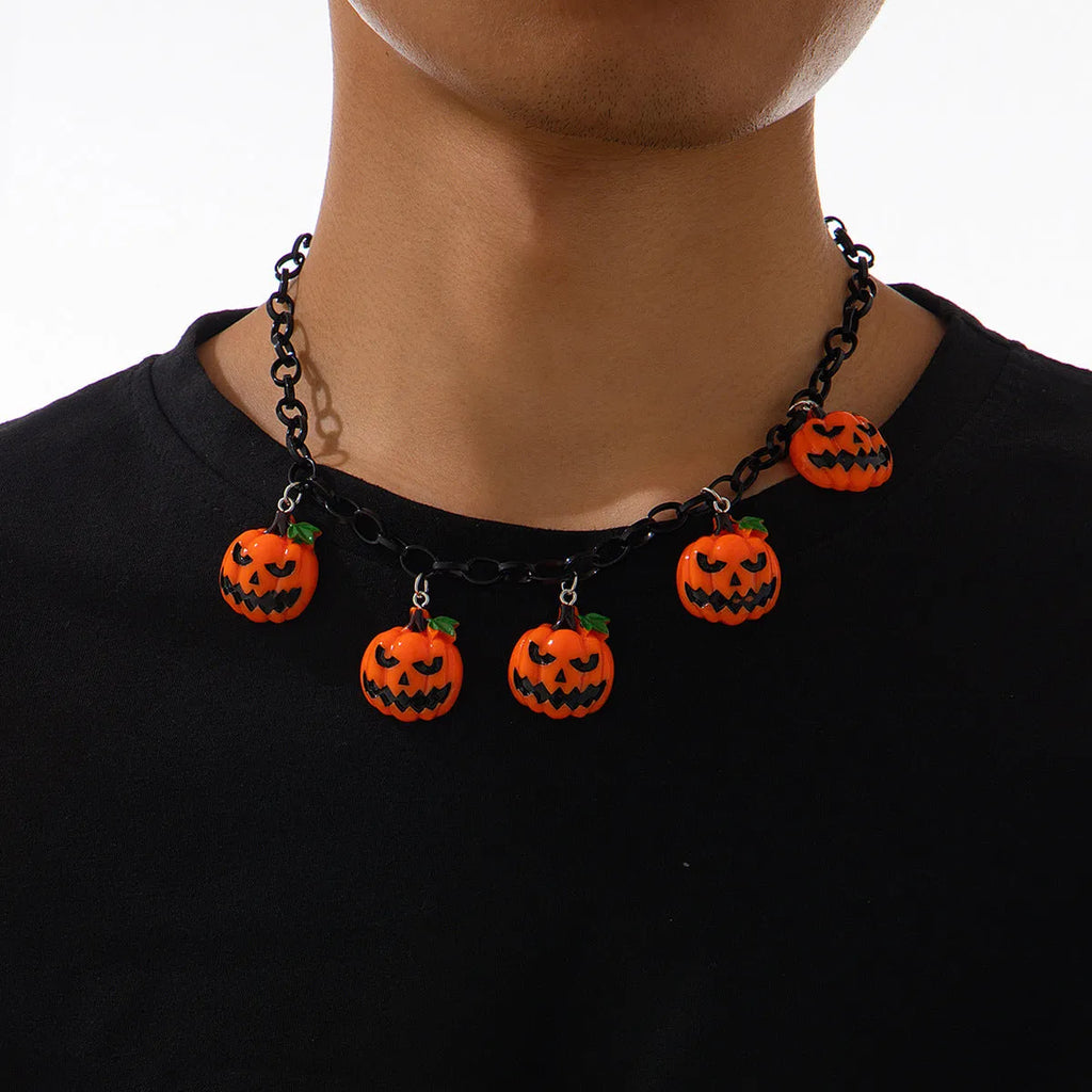 Mixed colour pumpkin ghost Halloween necklace with acrylic pendant on regular chain