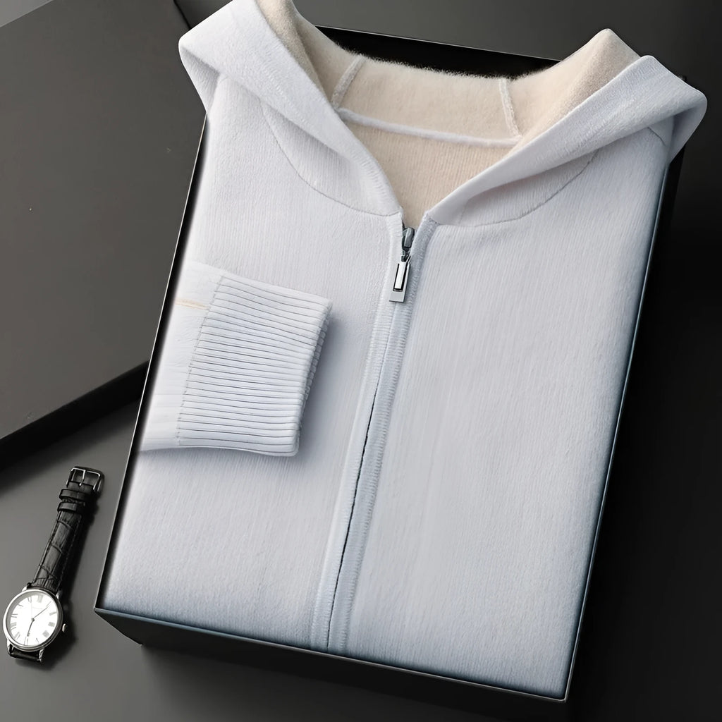 Men's dark blue cashmere half-high collar zip cardigan sweater with long sleeves